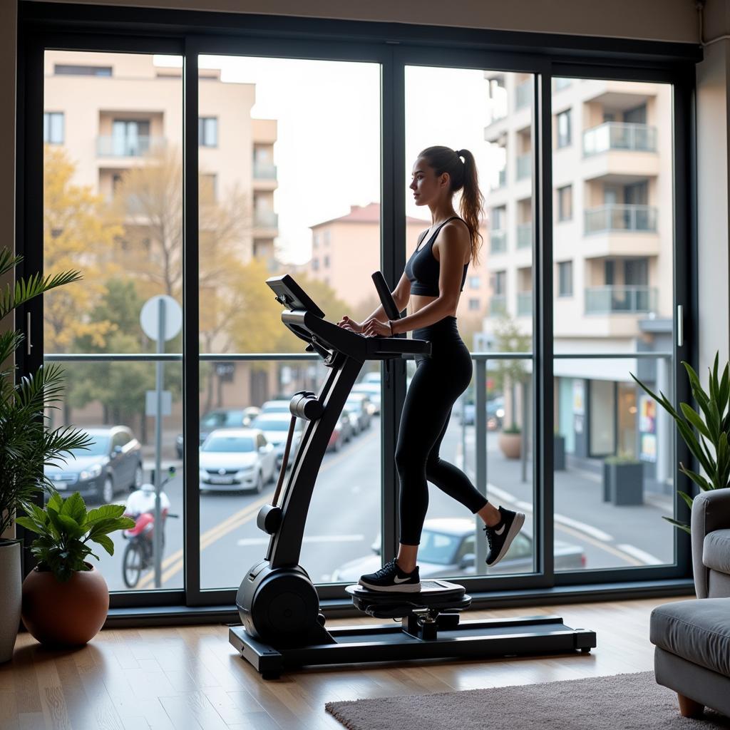 Woman training in a modern Spanish apartment