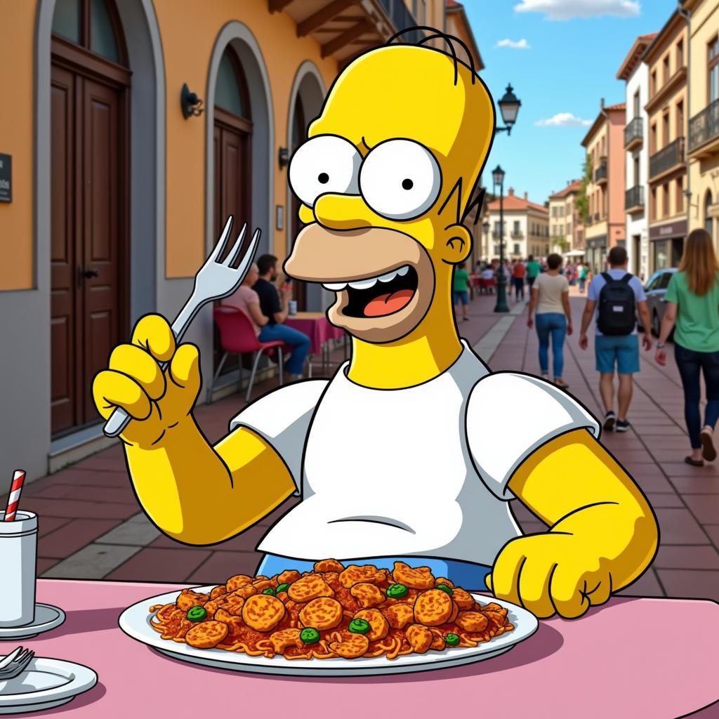 Homer Simpson enjoying paella in Valencia