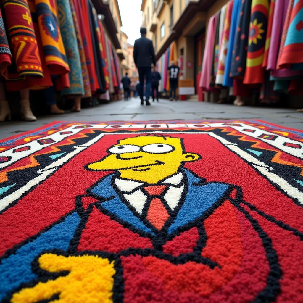 Homer Simpson rug displayed in a Spanish market