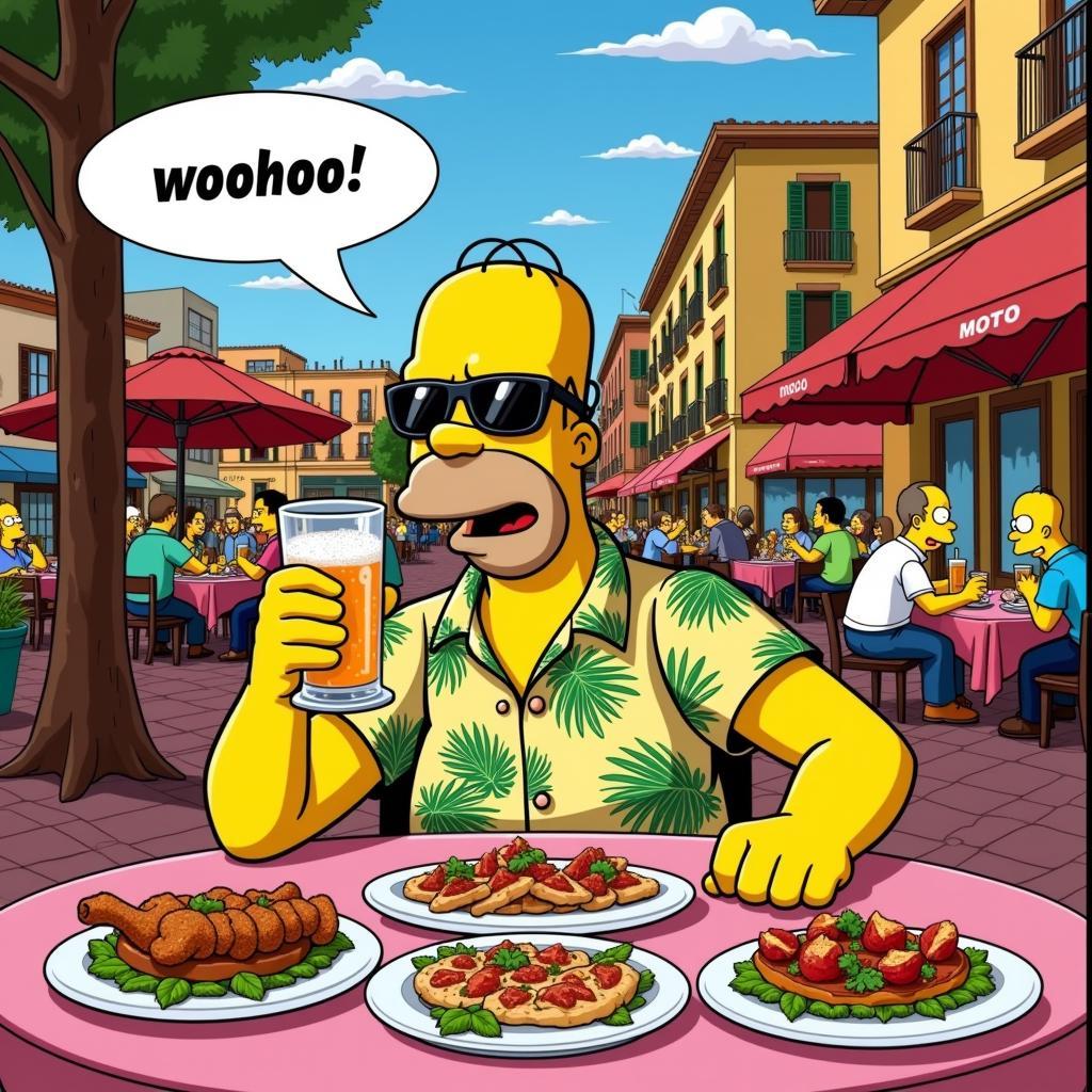 Homer Simpson Enjoying Tapas in a Spanish Plaza