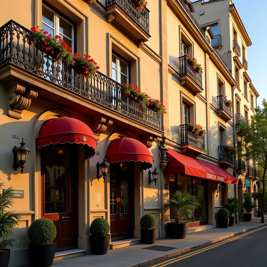 Elegant facade of Hotel Windsor Home Paris at twilight