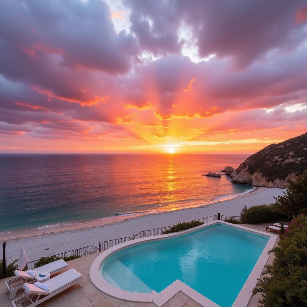 Idyllic Ibiza beachfront with sunset view