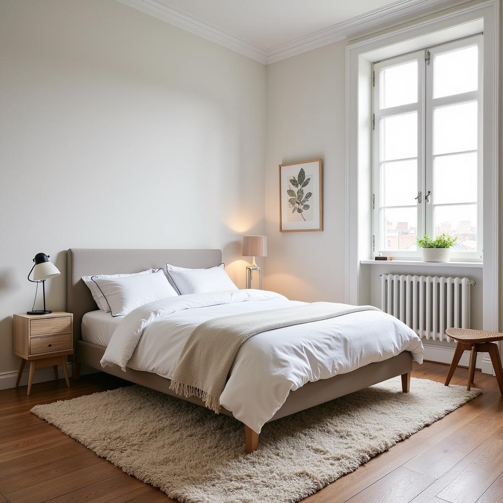 A serene bedroom staged with Ikea furniture