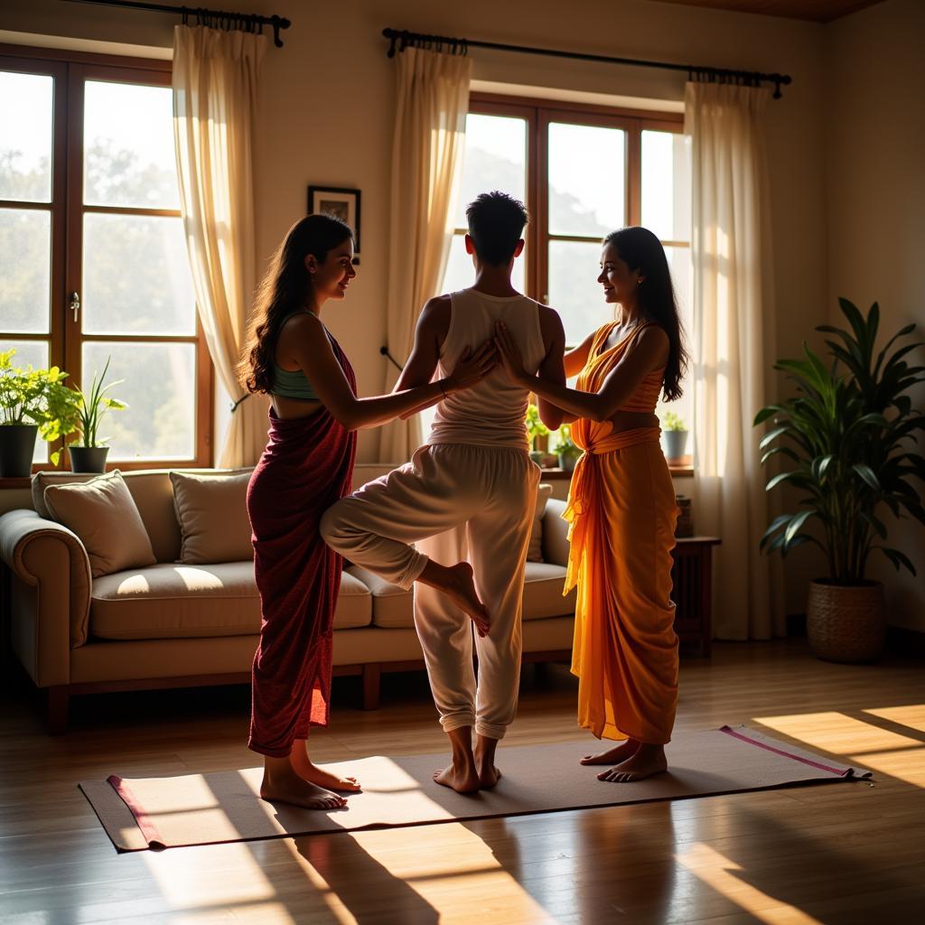 Indian family guiding a guest in a yoga pose