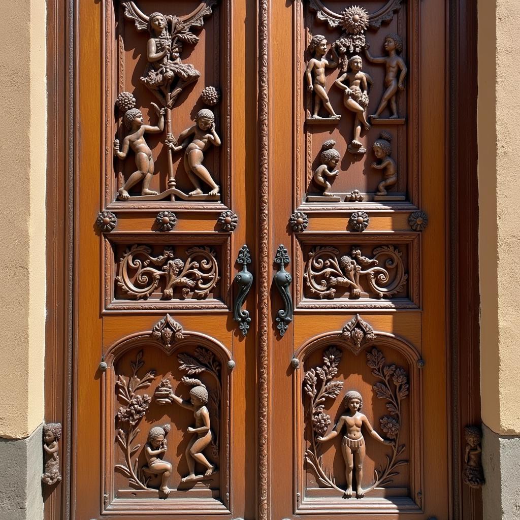 Intricately carved wooden door in a Spanish home