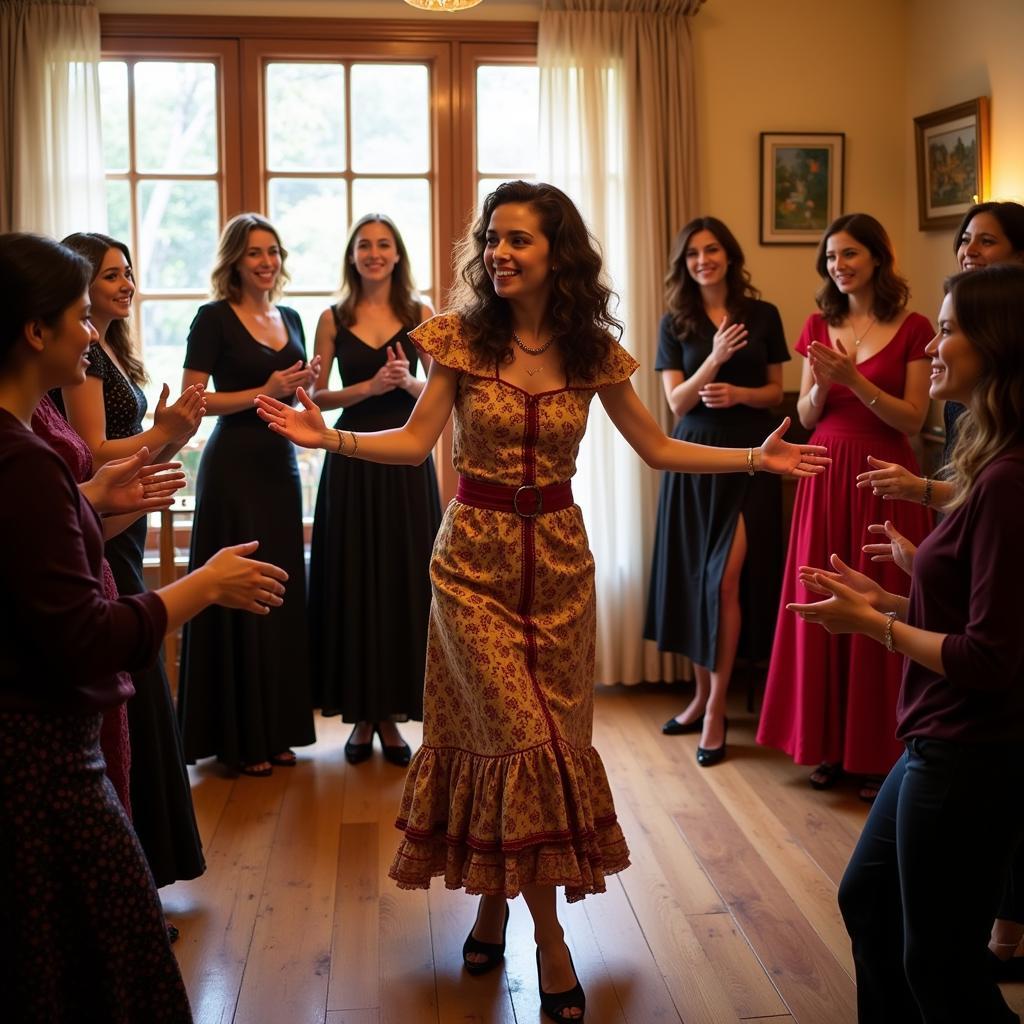 Isabel Homar teaching guests flamenco steps in her Seville home