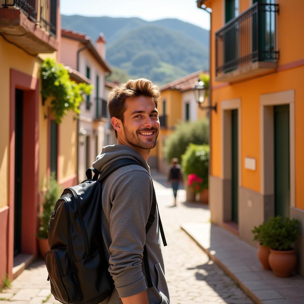 Jack arriving at a Spanish village