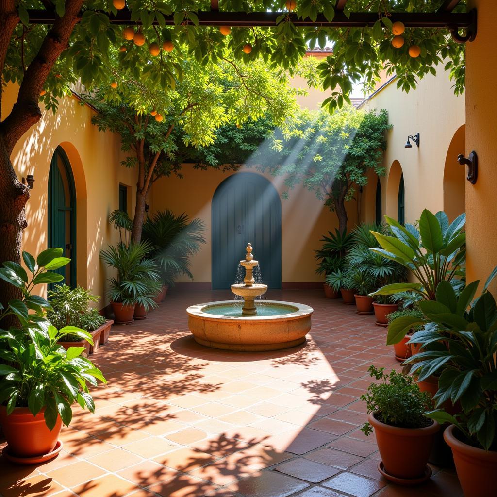 Peaceful courtyard of Kave Home Badalona with a fountain