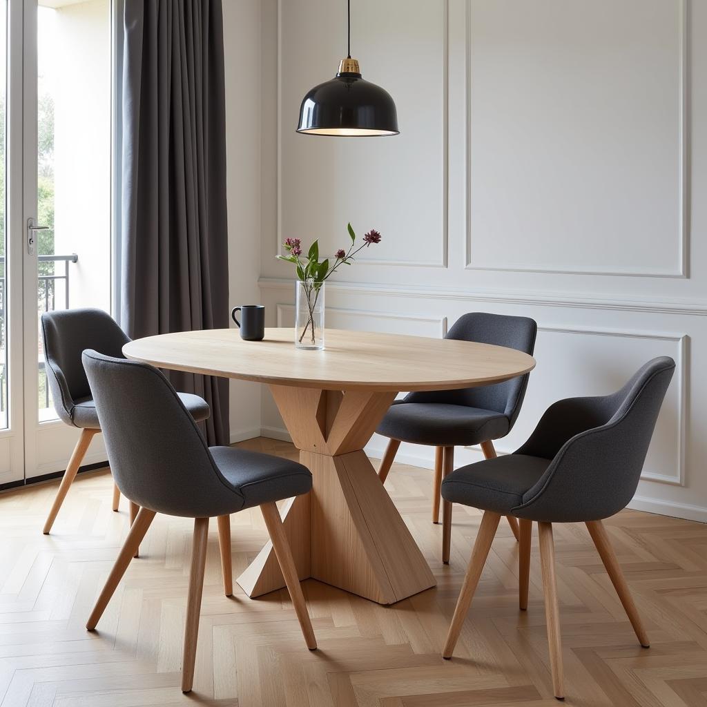 A modern Kave Home dining set with grey chairs and a wooden table