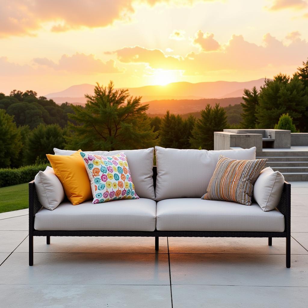 Modern Kave Home sofa on a patio with throw pillows