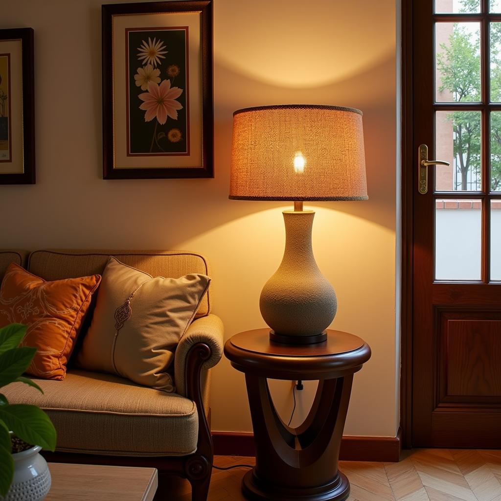 A Kave Home table lamp illuminating a cozy living room in a Spanish home