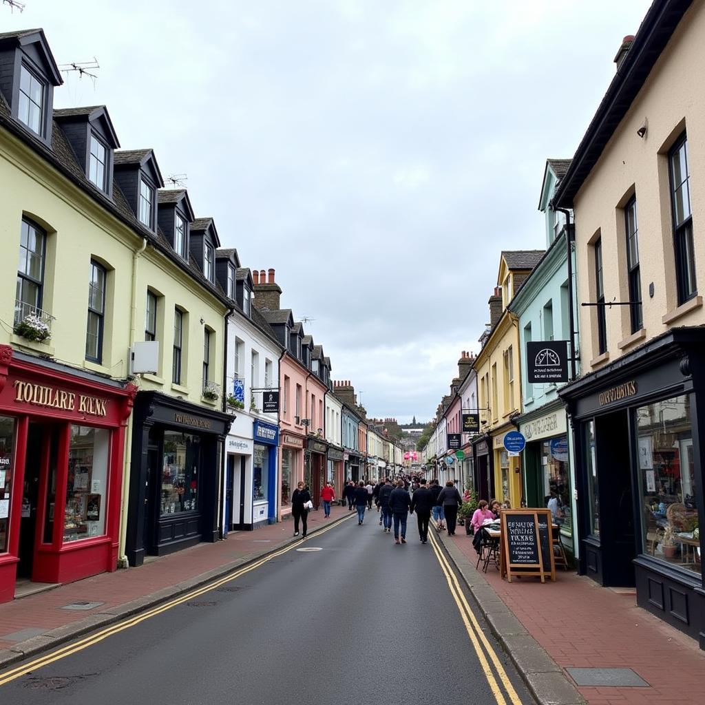 Kirkcudbright High Street with Shops and People Walking