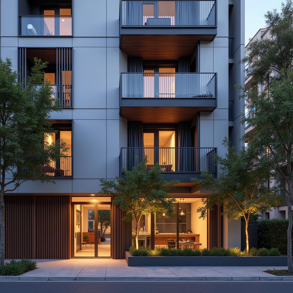 Modern apartment building exterior with balconies overlooking a bustling Barcelona street