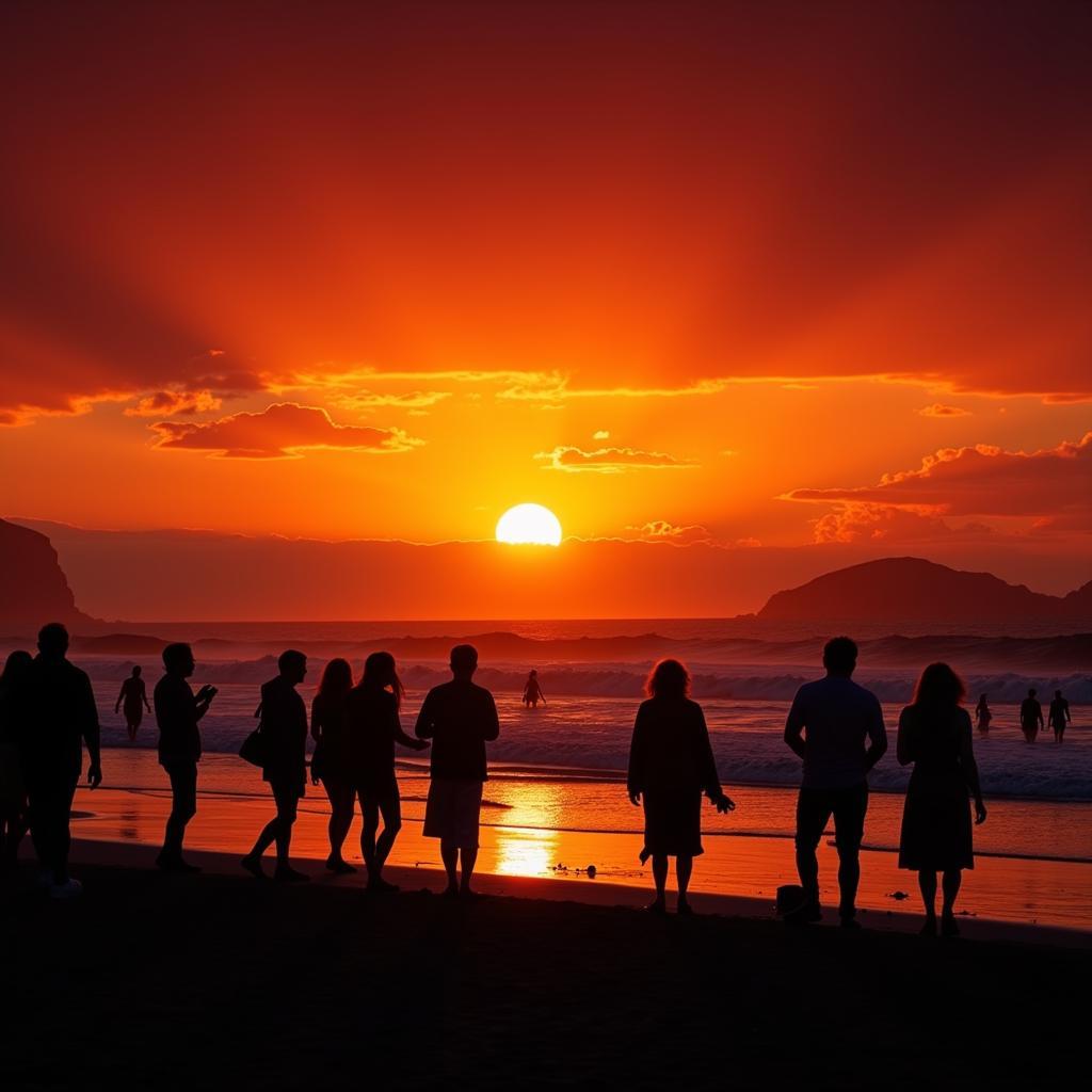 Silhouette of people enjoying sunset at La Concha beach, San Sebastián