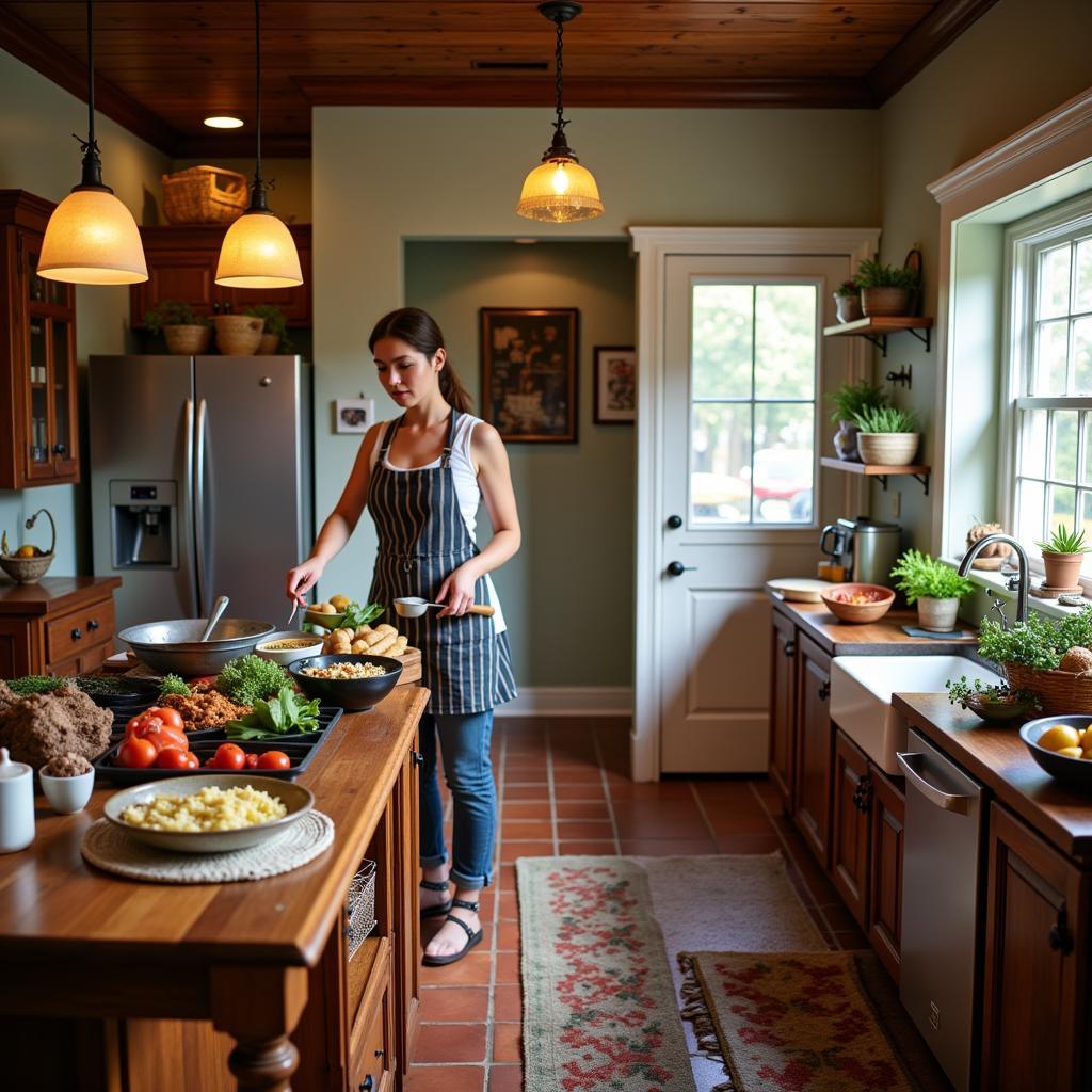 Preparing a traditional Cajun meal in a homestay kitchen