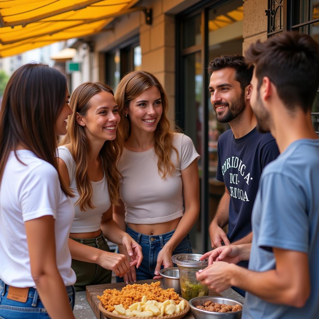 Tourists learning basic Spanish phrases from a local vendor