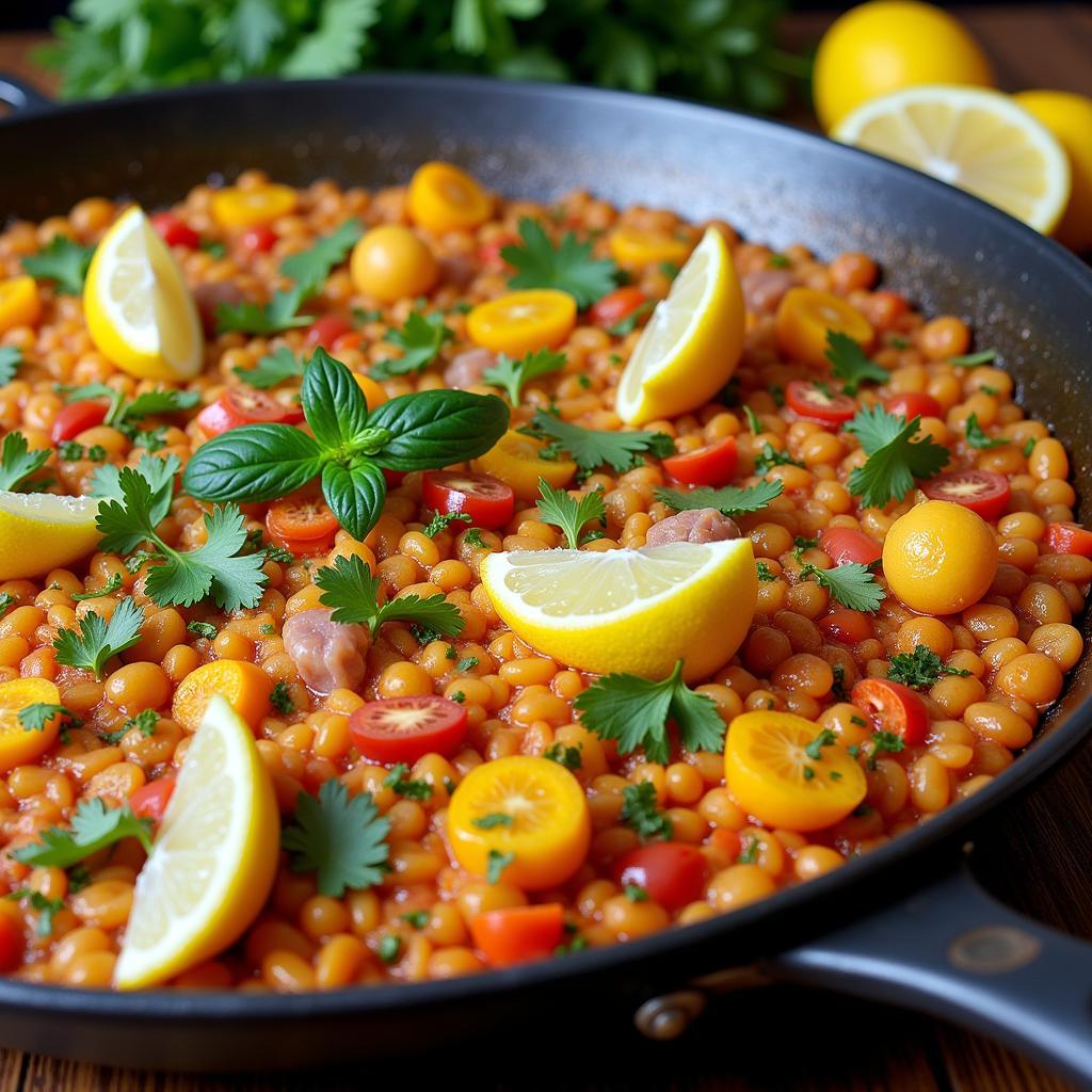 A steaming paella valenciana takes center stage on a table