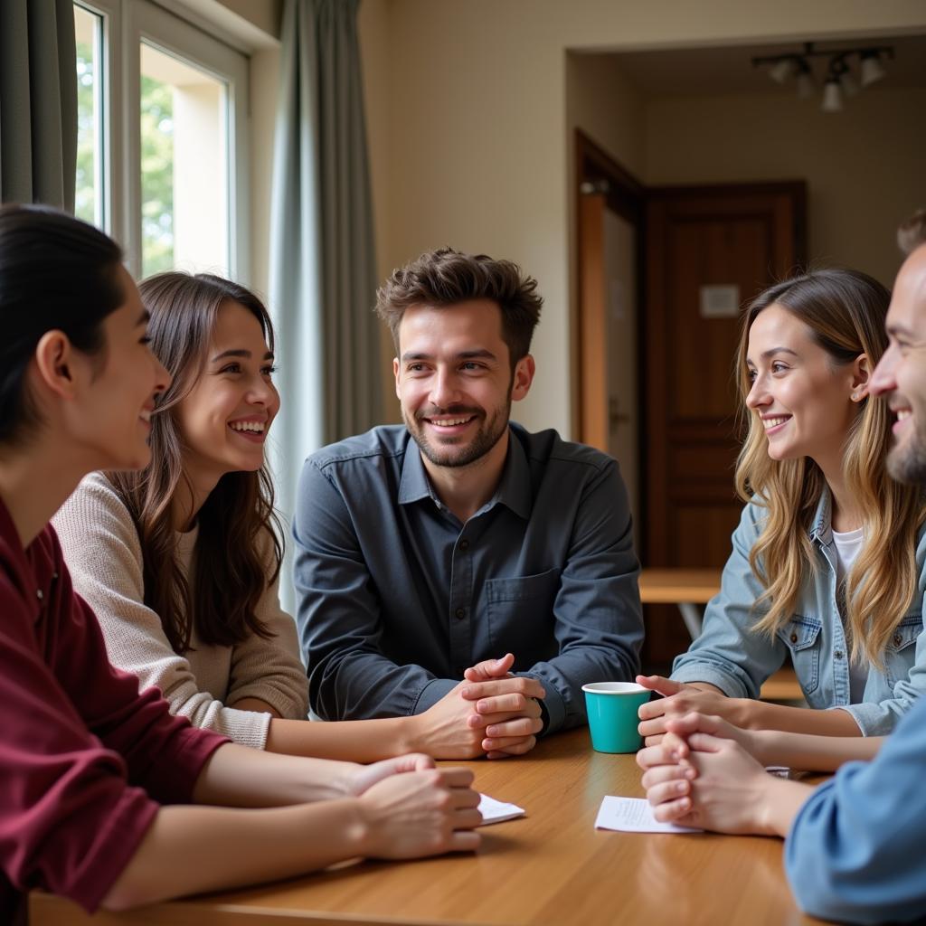 Group of friends socializing in a Lisbon home hostel