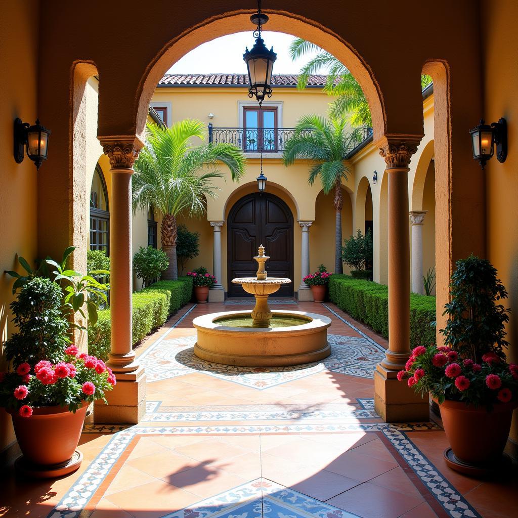 A serene courtyard within a Livarno Home, featuring traditional Spanish design elements.