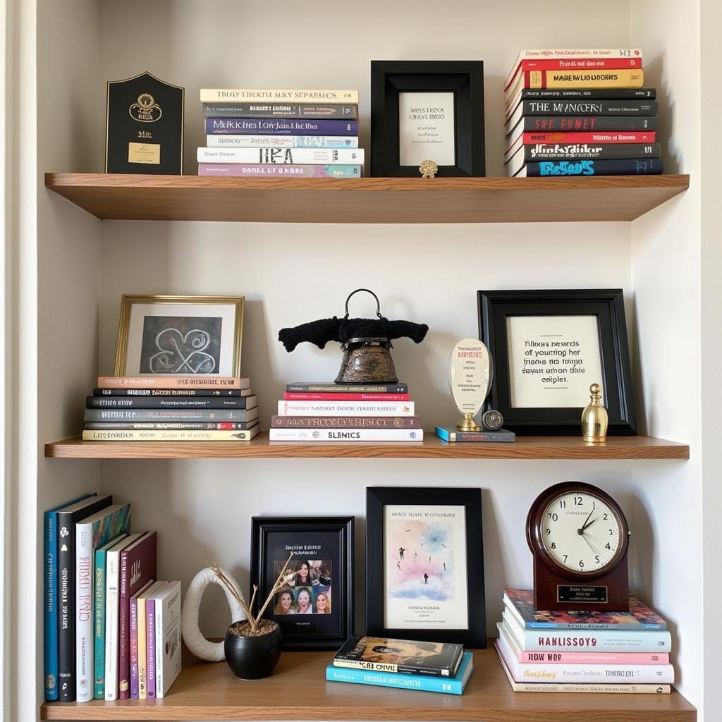 Liz Jordan's home office bookshelf with personal touches