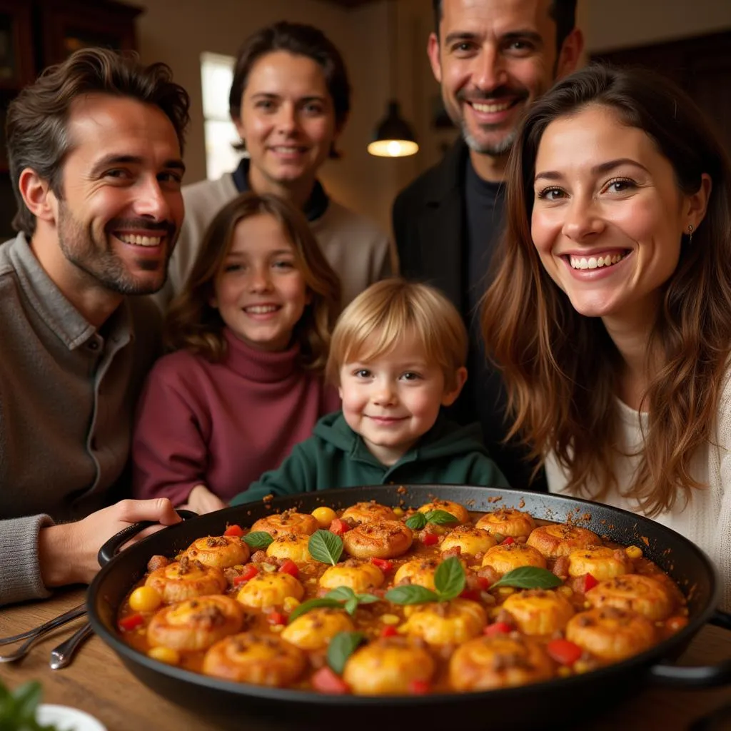 Family Enjoying Paella Dinner in Spanish Home