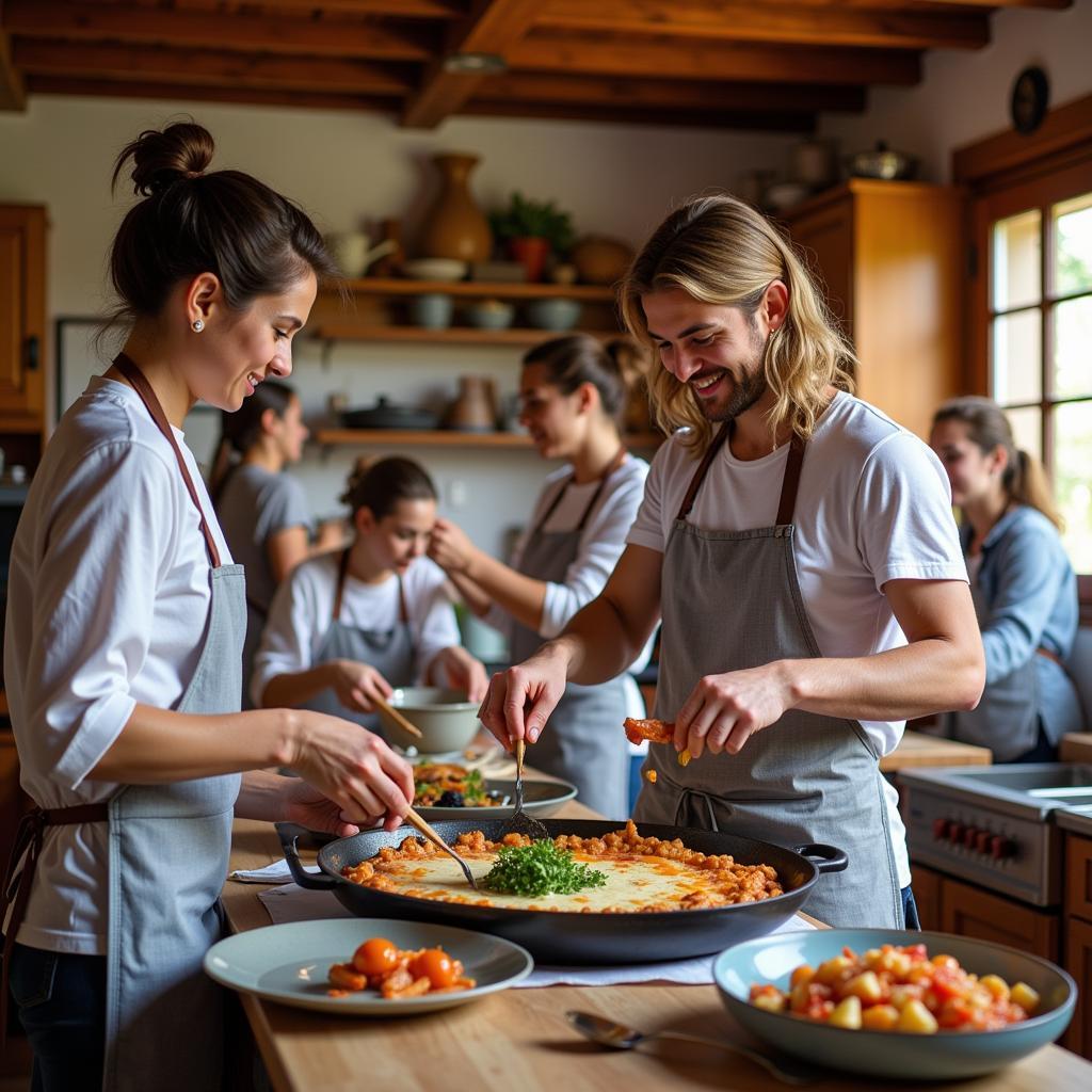 A group learning to make authentic Spanish dishes