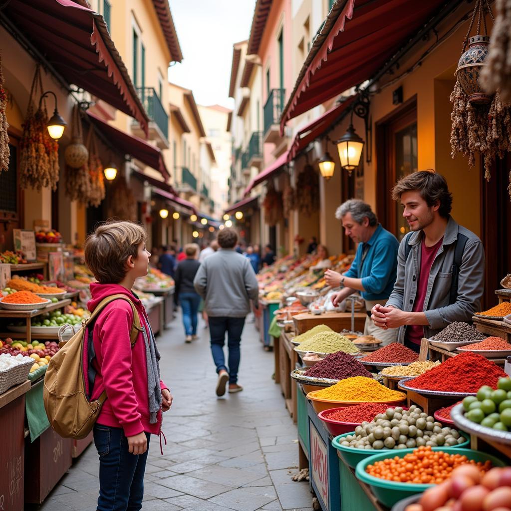 Practicing Spanish Phrases at a Local Market