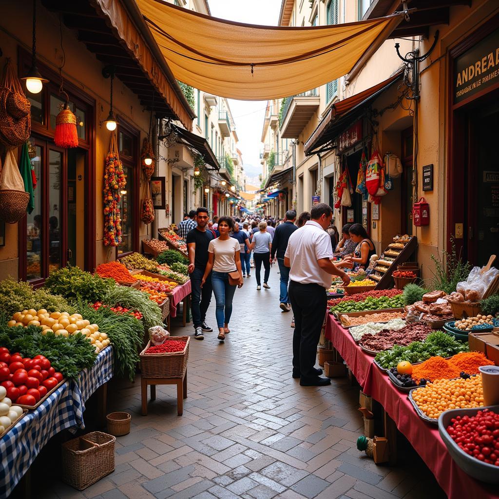 Bustling atmosphere of a traditional Spanish market