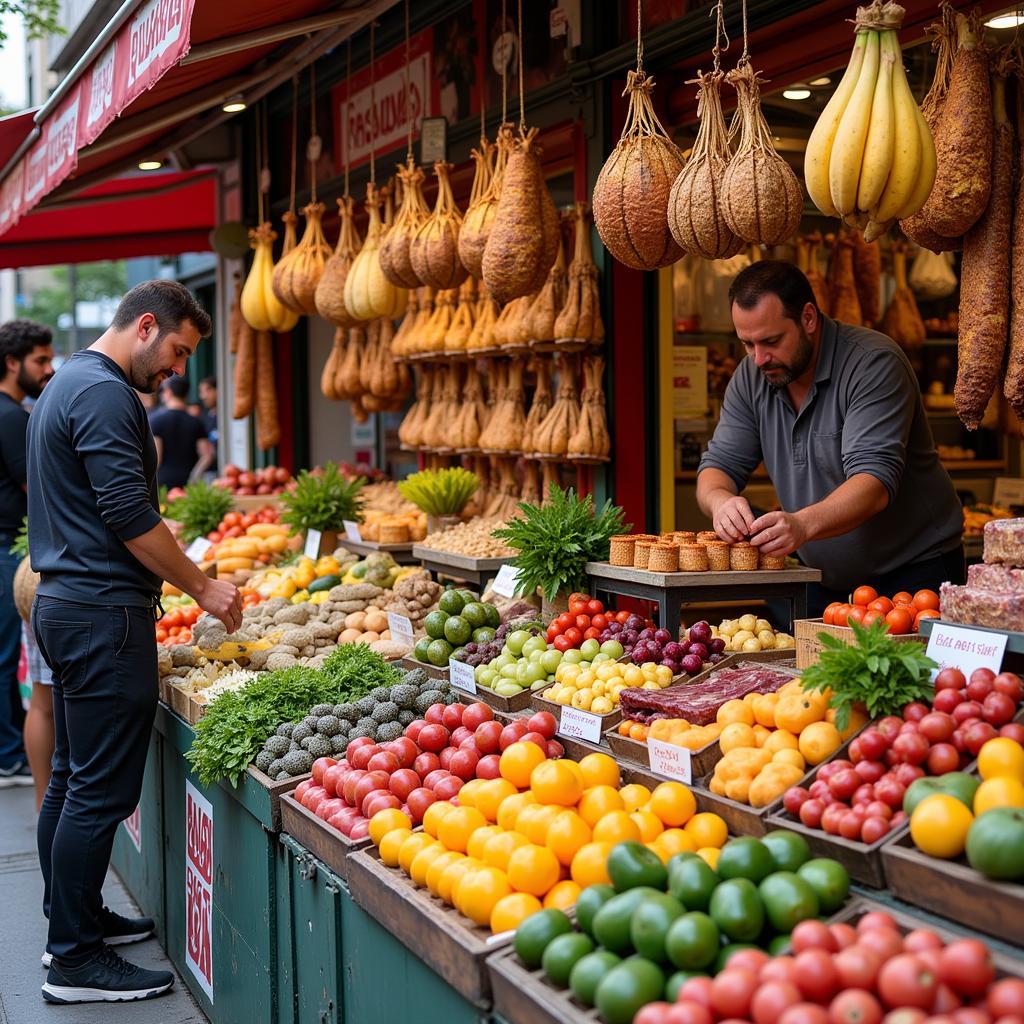 Local Spanish market bustling with vendors and fresh produce