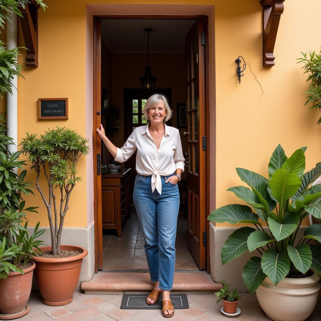 Smiling Spanish Woman Welcoming Guests into Her Home