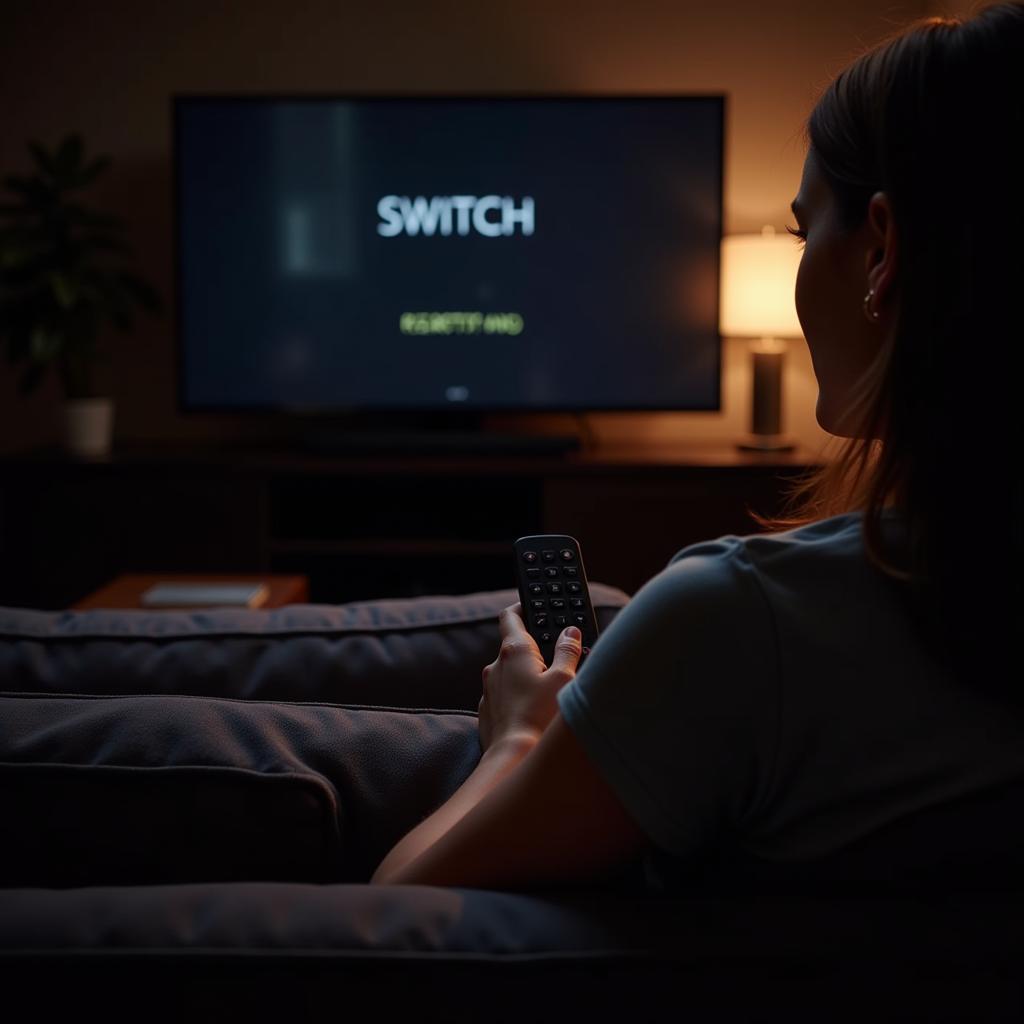 A hand using a Logitech Harmony Hub remote to control a TV