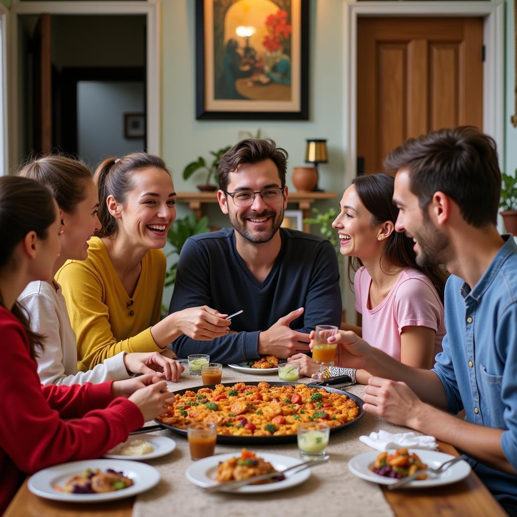 Family enjoying paella in a Madrid homestay