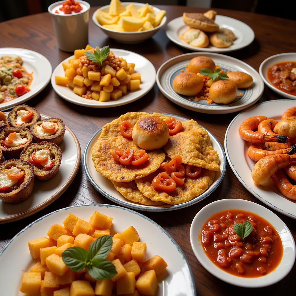 A table laden with tapas in Madrid