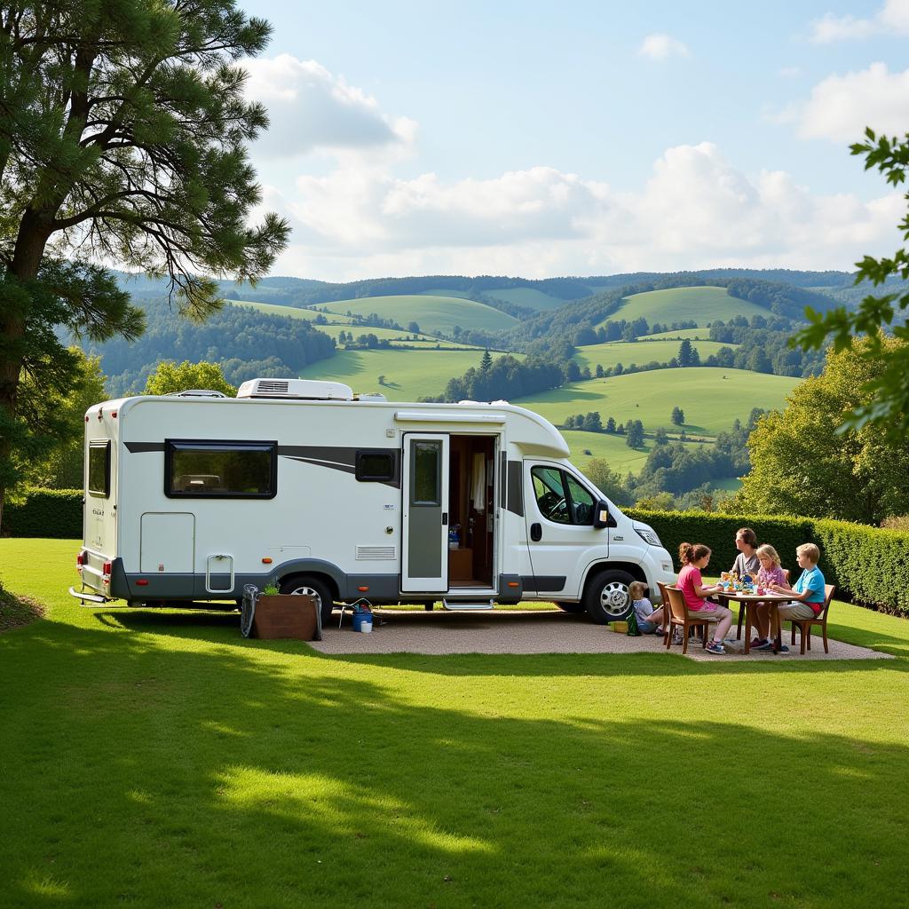 Family enjoying a meal outside their magado mobile home