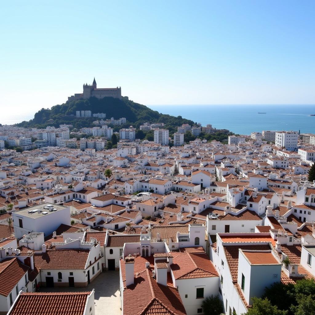 Panoramic view of Malaga city center from Hostal El Nogal's rooftop terrace