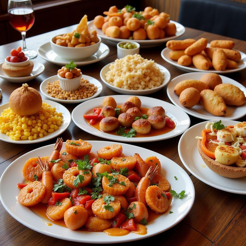 A colorful spread of traditional Malaga tapas at a local restaurant near Hostal El Nogal