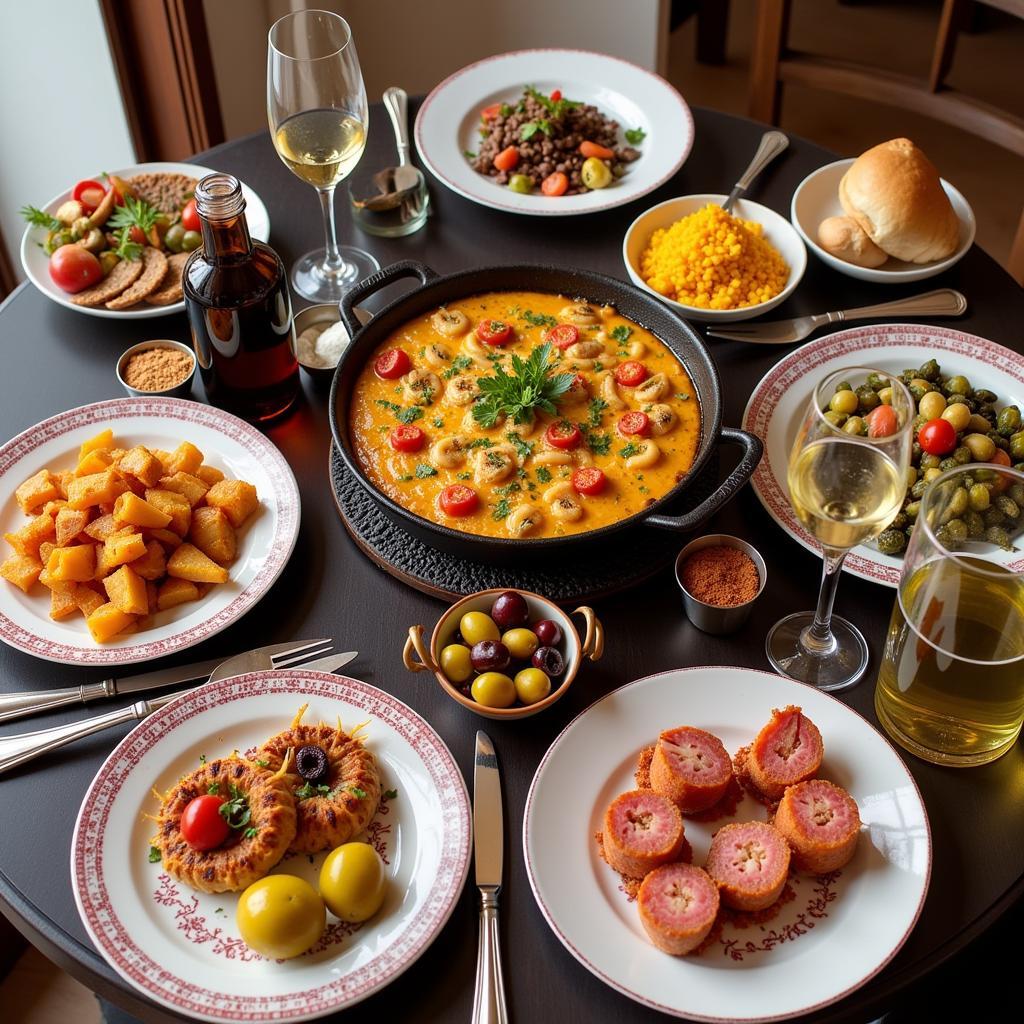 A table laden with traditional Mallorcan dishes, including paella, tapas, and local wine