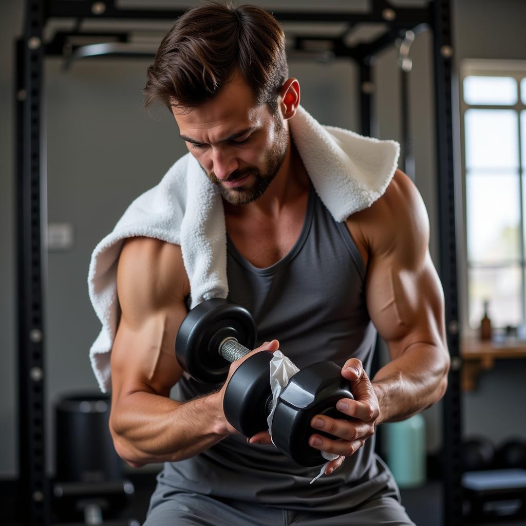 A man cleaning his dumbbell after a workout.