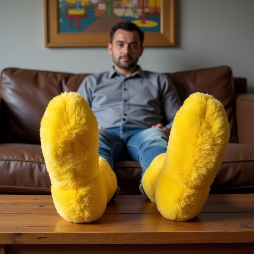 Man Relaxing in Homer Simpson Slippers