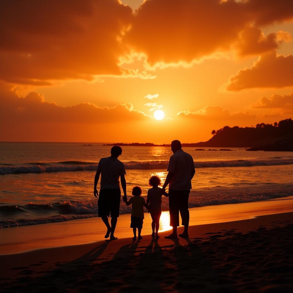 Family laughing together on the beach in Marbella with the sun setting in the background