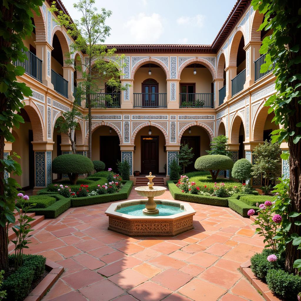 A traditional Andalusian courtyard with a fountain and vibrant plants.