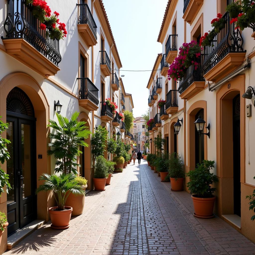 Narrow cobblestone street in Marbella Old Town with flower-filled balconies