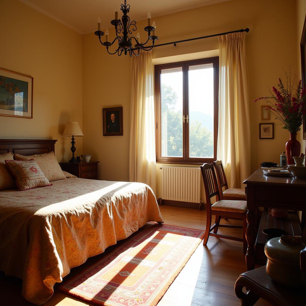 A spacious bedroom in a Spanish villa featuring a king-size bed, traditional decor, and large windows overlooking a picturesque courtyard.