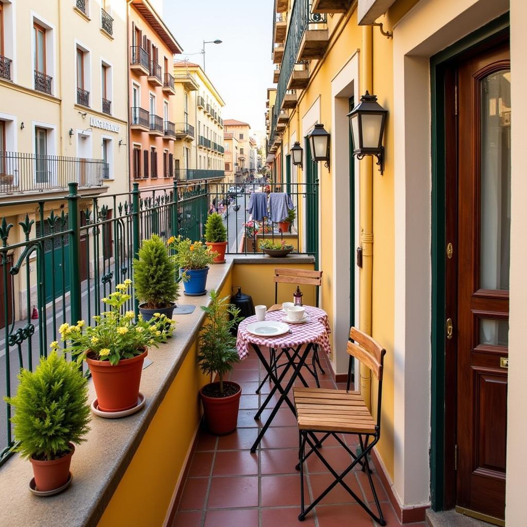 A cozy homestay balcony with a tendedero and views of a typical Spanish street.