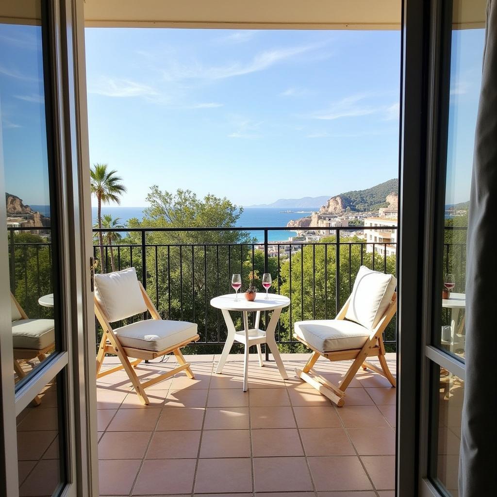 A couple enjoying a glass of wine with a stunning view of the Mediterranean Sea in the background.