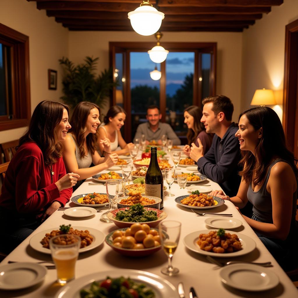 Guests enjoying a traditional Spanish dinner with their host family at Mesa Argo Kave Home