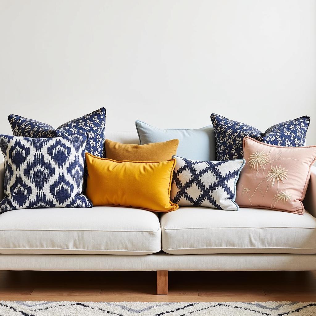 Different Zara Home cushion covers arranged on a sofa, showcasing the art of mixing and matching.