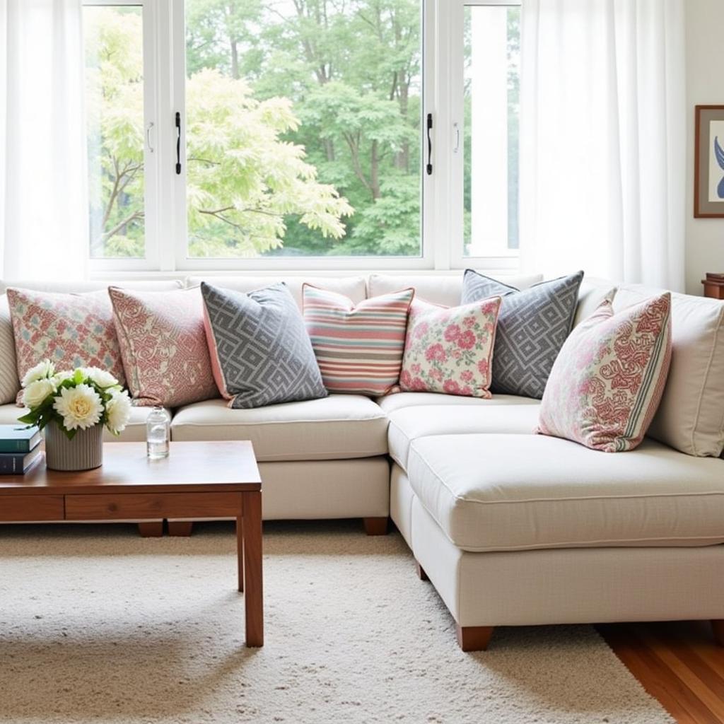 A living room setting featuring a blend of Zara Home cushion covers with various patterns and textures.