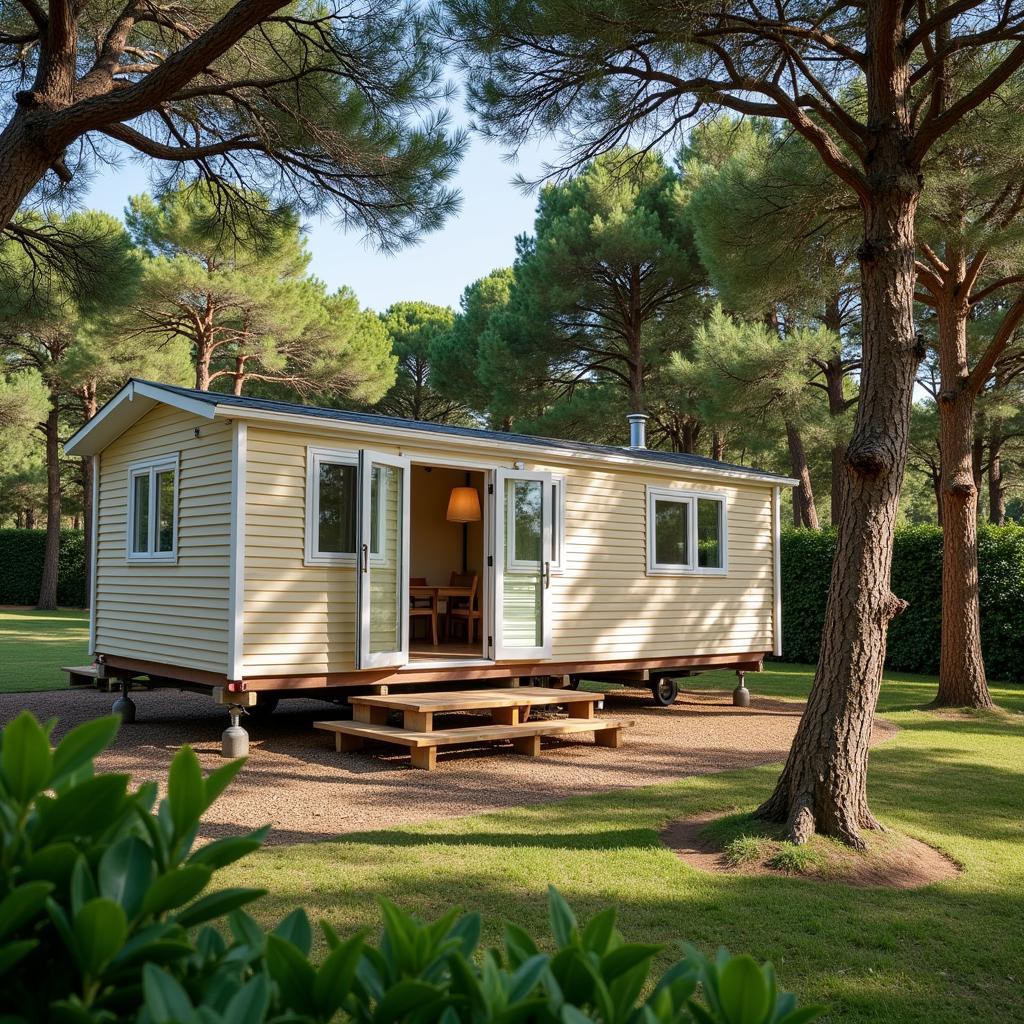 Mobil home nestled amongst trees at a campsite in Girona