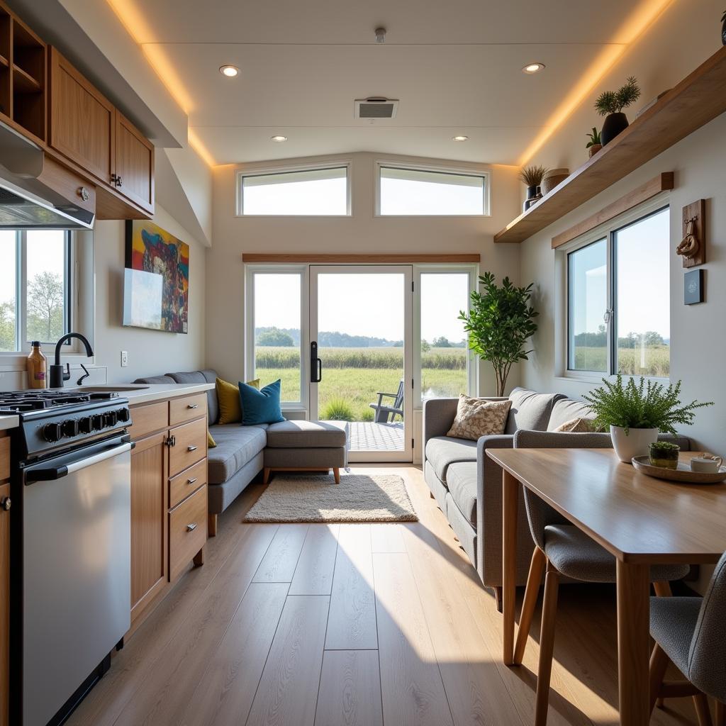 Spacious, modern interior of a mobil home